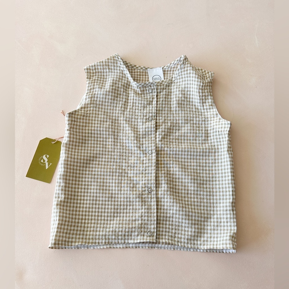 NWT - Handmade Button Down Sleeveless Top/Vest - Tan & Cream Gingham - Size 3-4T